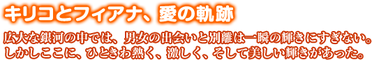 キリコとフィアナ、愛の軌跡広大な銀河の中では、男女の出会いと別離は一瞬の輝きにすぎない。しかしここに、ひときわ熱く、激しく、そして美しい輝きがあった。