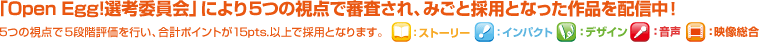 「Open Egg!選考委員会」により5つの視点で審査され、みごと採用となった作品を配信中